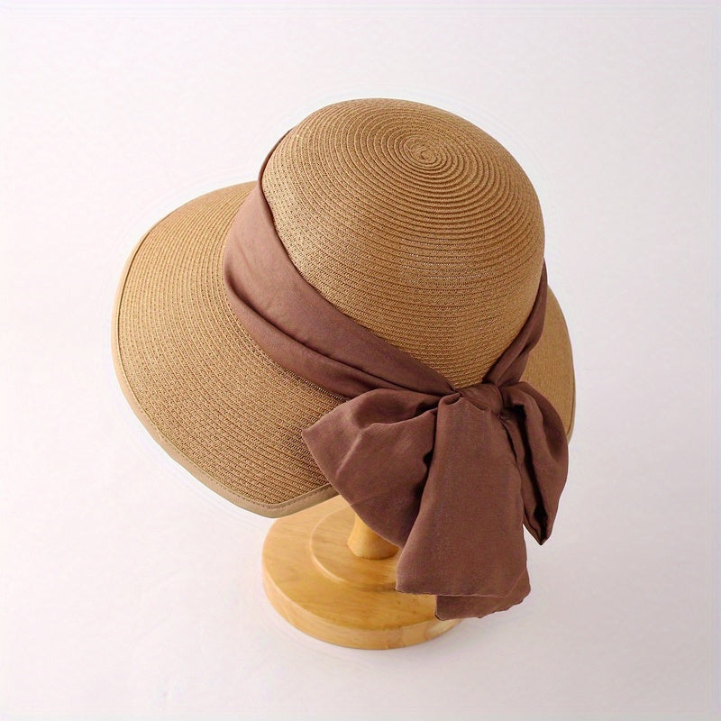 Bowknot Ribbon Sun Hat Wide Brim UV Protection Straw Hats Classic Summer