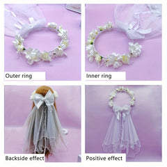 Short Wedding Veil with Floral Headband Sheer Lace Bridal Veil Flowers & Bow
