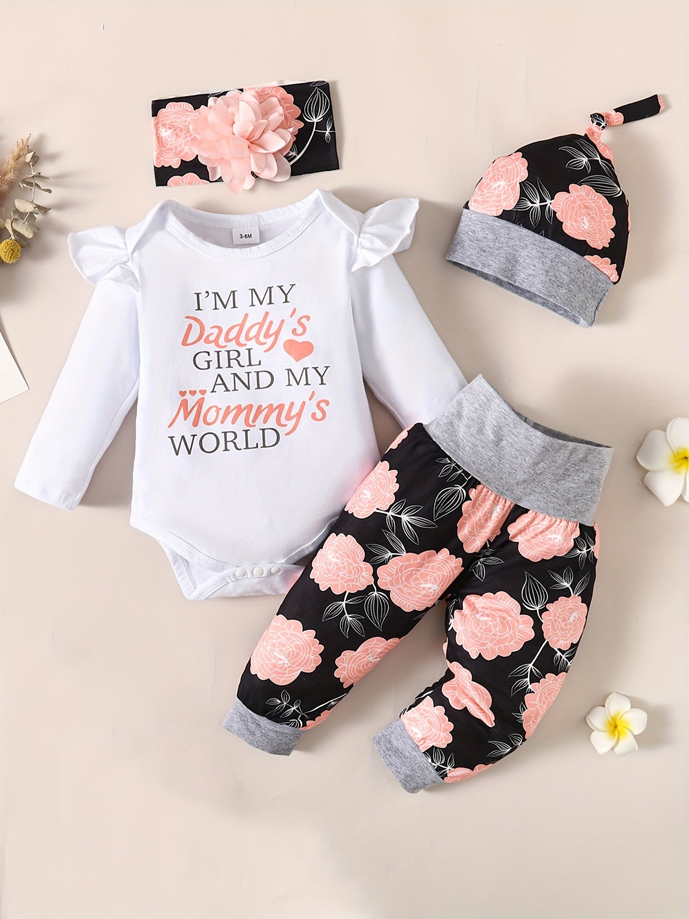Baby Comfy Romper Floral Pants Headband Set