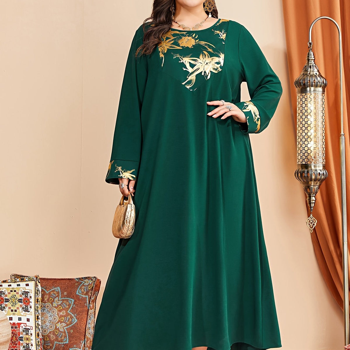  Colorblock Floral Print Long Sleeve Round Neck Maxi Dress