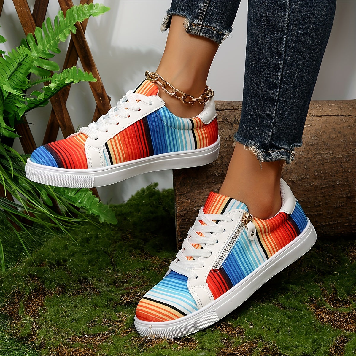 Colorful Striped Sneakers Low Top Canvas Shoes