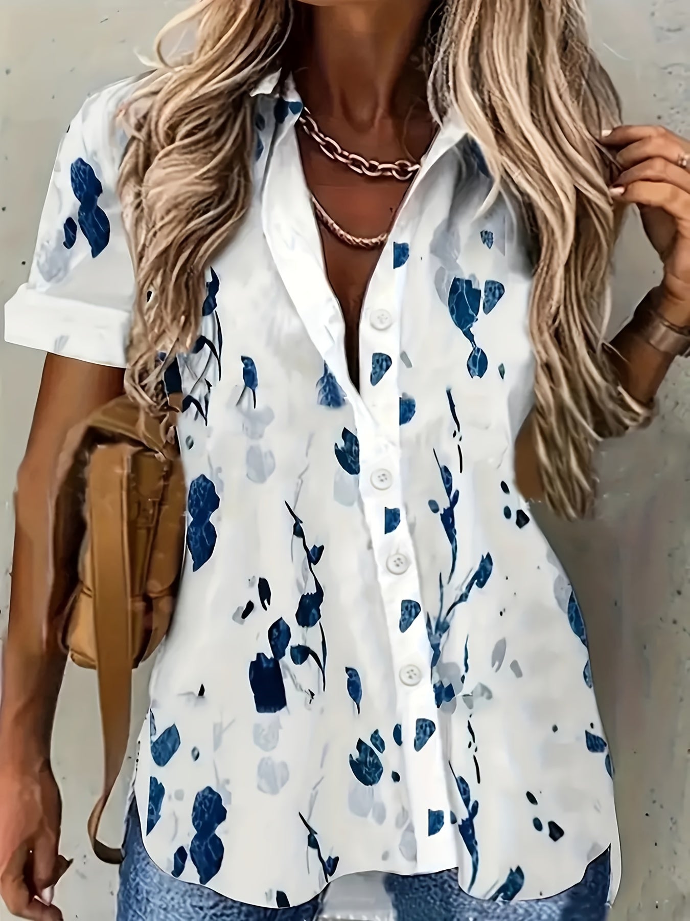  Floral Print Button Up Short Sleeve Blouse