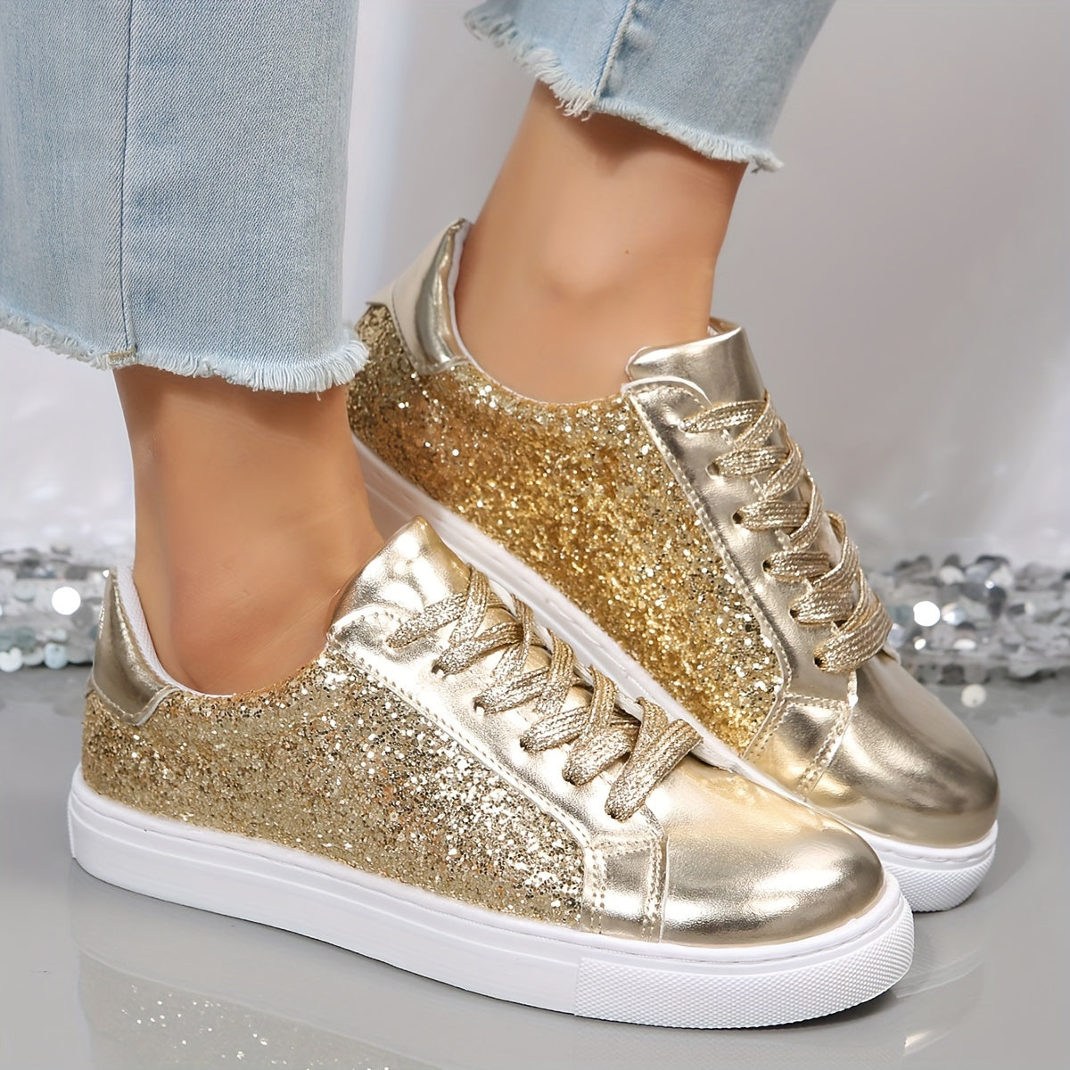 Glitter Reflective Faux Leather Skate Shoes Wear-Resistant Non Slip Sneakers