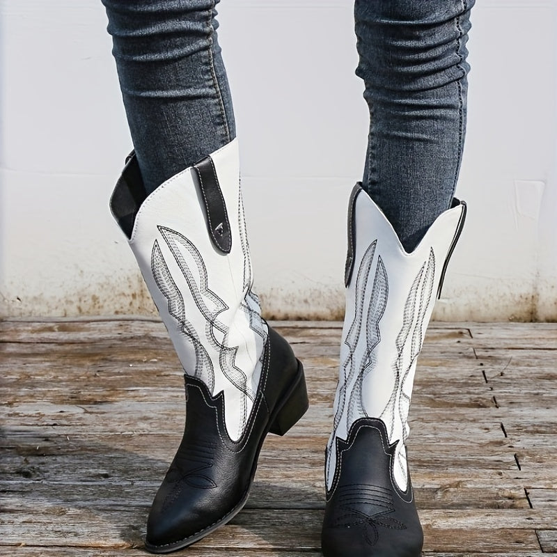 Women's Ethnic Style Embroidery Mid Calf Boots Chunky Heel Slip On Shoes