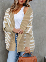  Women's Stripe Print Bat Sleeve Cardigan