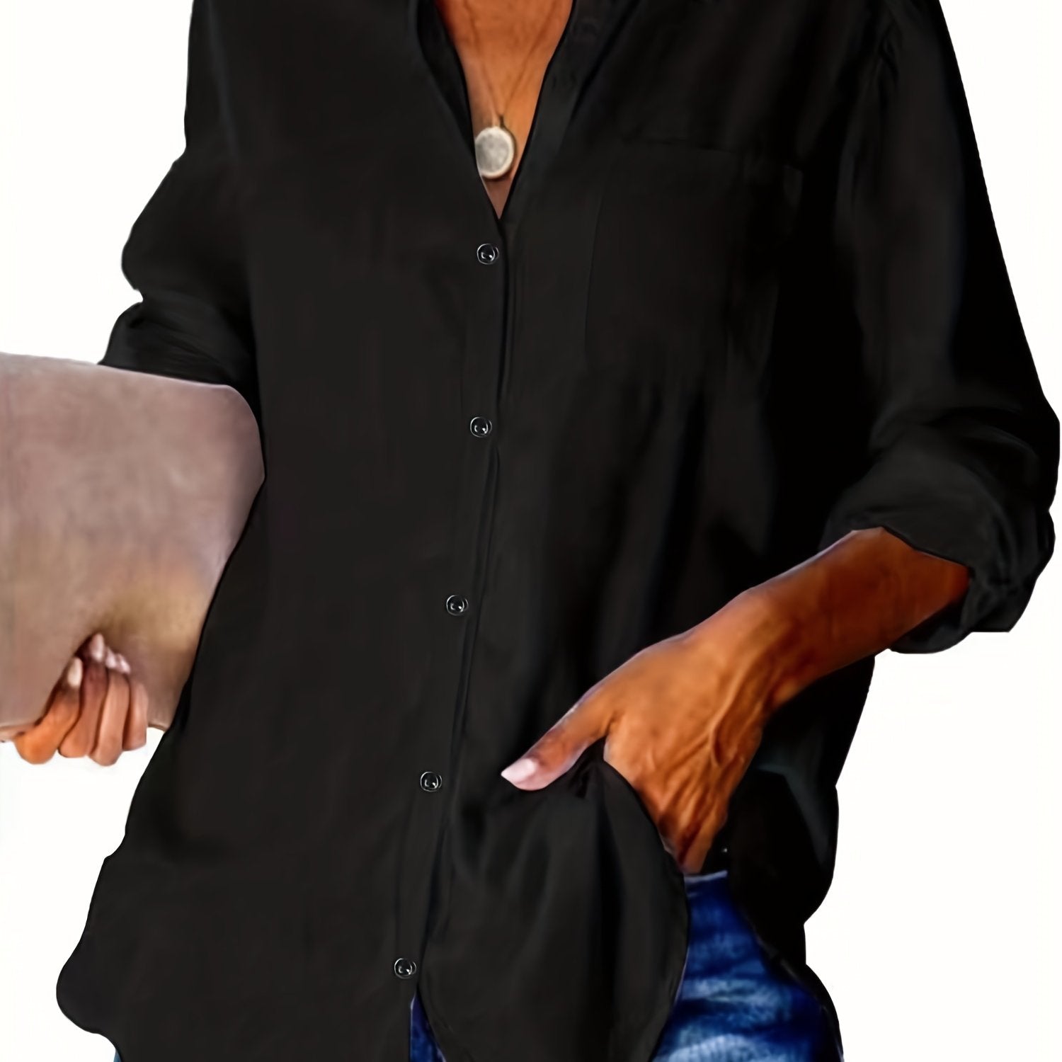  Basic Blouse Women's Plus Solid Button Up Roll Up Sleeve