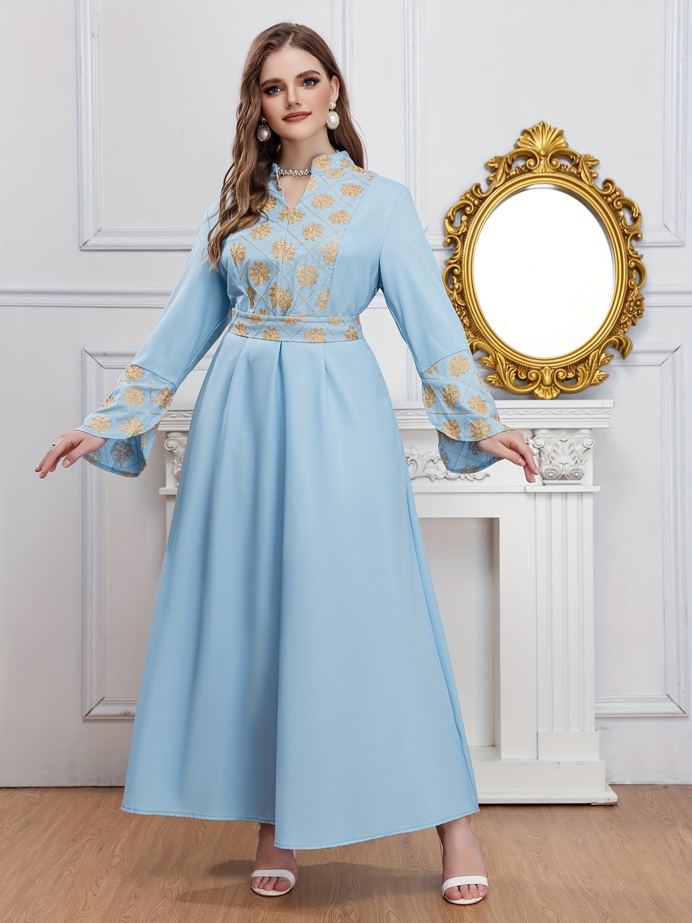  Abaya Dress Women's Plus Golden Floral Print Bell Sleeve Stand Collar