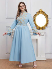  Abaya Dress Women's Plus Golden Floral Print Bell Sleeve Stand Collar