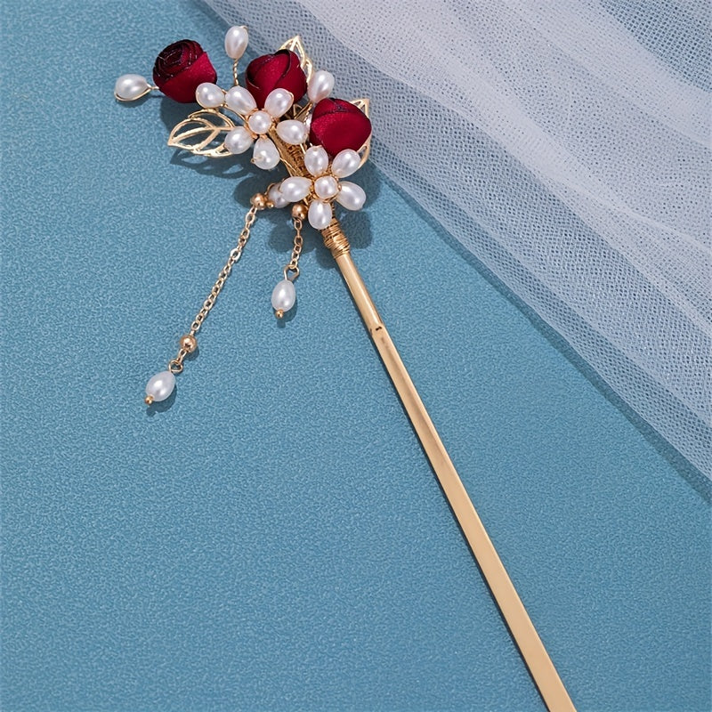 Faux Pearl Flower Hairpin Rose Hair Stick Ponytail Holder Hair Accessories