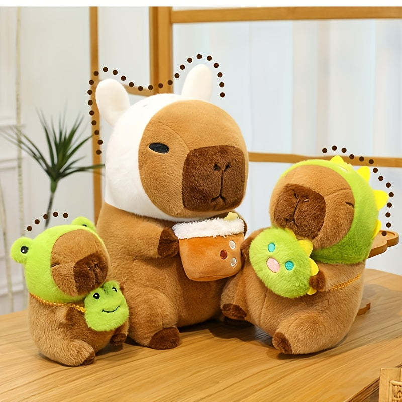 Soft Capybara Plush with Frog Hat & Bag Anime Style Brown & Green Cuddly Doll