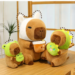 Soft Capybara Plush with Frog Hat & Bag Anime Style Brown & Green Cuddly Doll