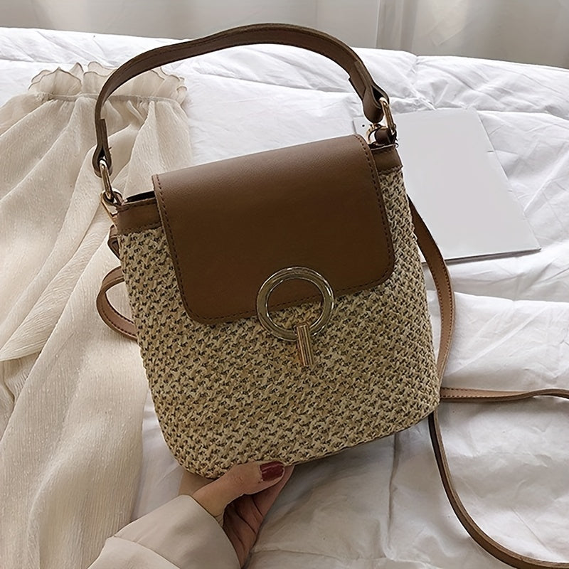 Straw Weaving Crossbody Bag Flap Slouchy Bucket Bag