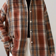  Plaid Print Long Sleeve Button Up Lapel Collar Top