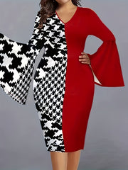  Colorblock Houndstooth Bell Sleeve V Neck Midi Dress