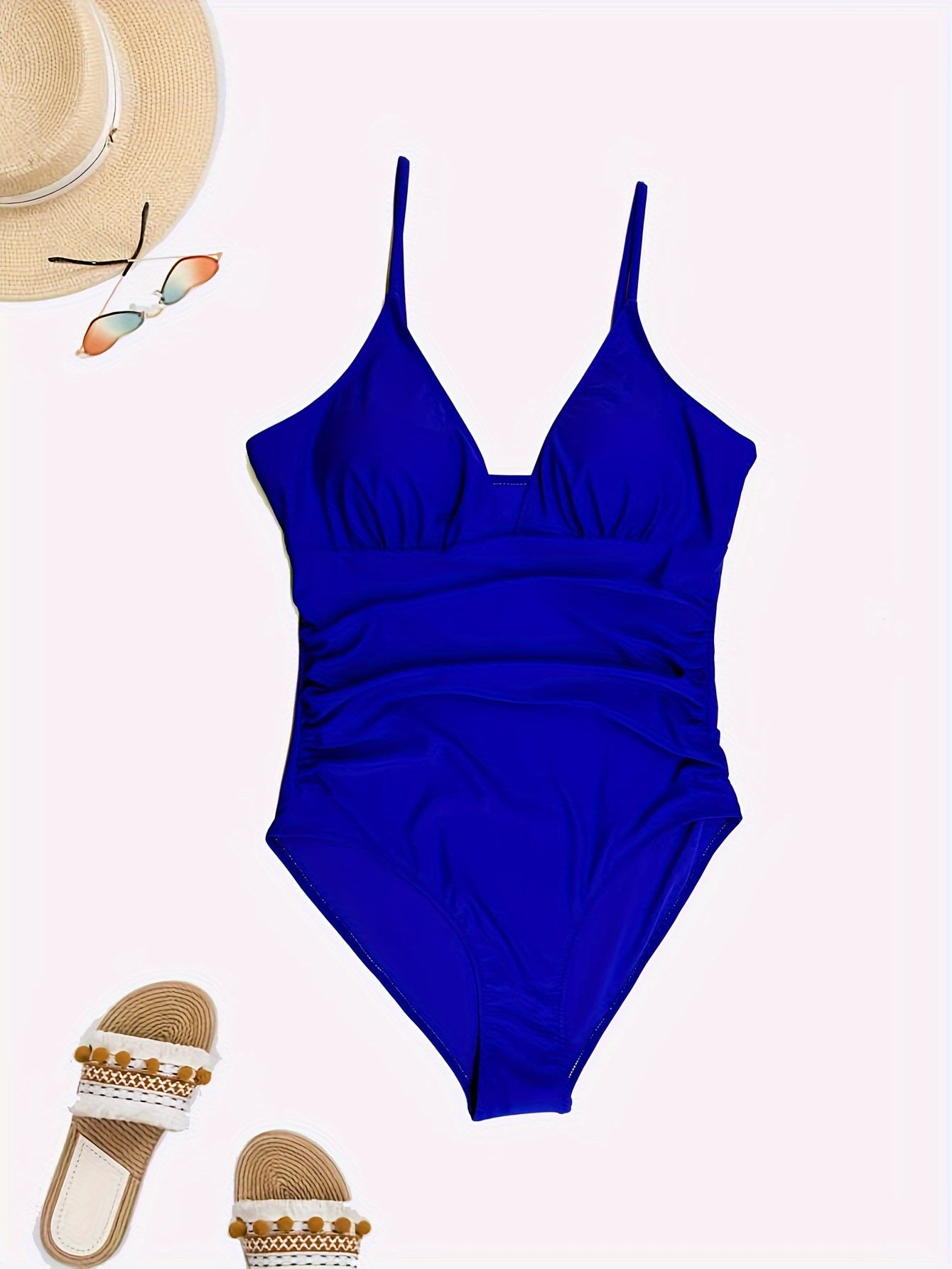  Solid Ruched V Neck One Piece Bathing Suit