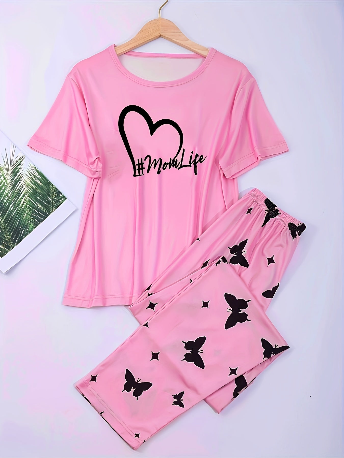 Heart Print Pajamas Set Short Sleeve Top & Pants Women's Sleepwear