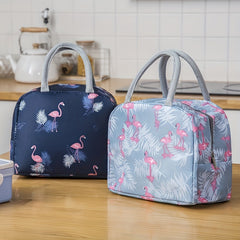 Flamingo Print Insulated Lunch Box Bag Portable Canvas Handbags