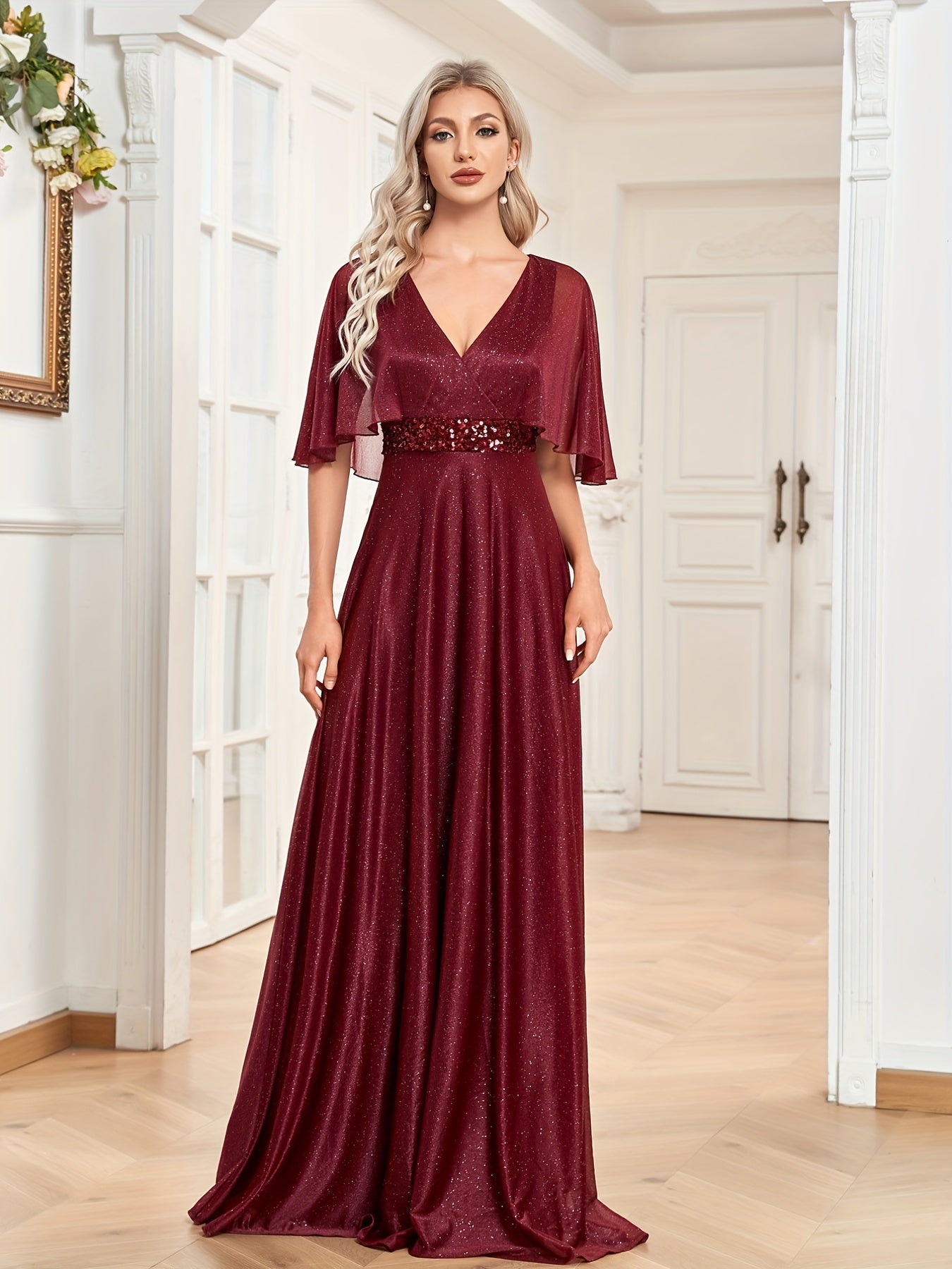 Sequin Bridesmaid Dress Cape Sleeve Surplice Neck