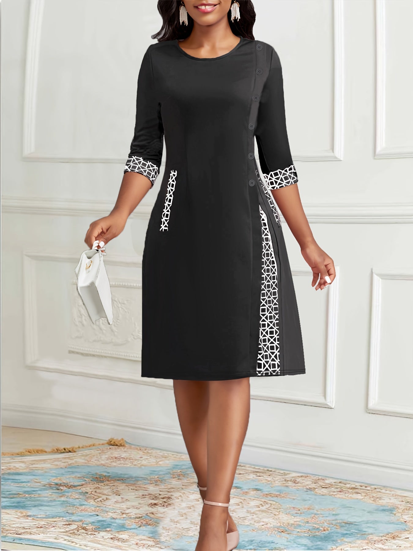  Geometric Print Colorblock Round Neck Dress