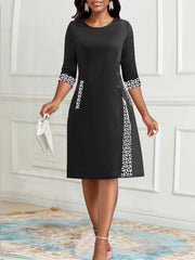  Geometric Print Colorblock Round Neck Dress