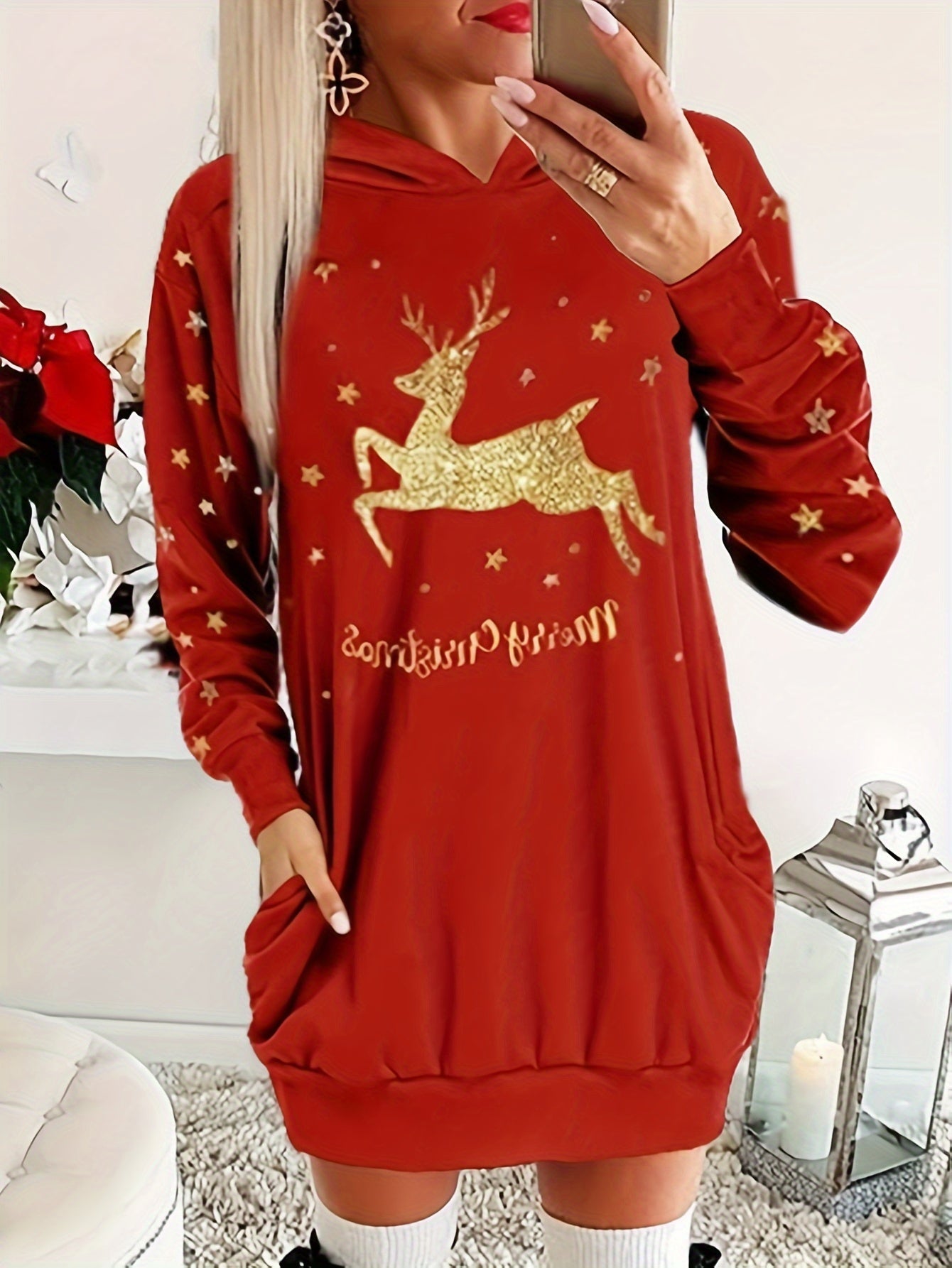  Christmas Casual Dress Women's Plus Slogan & Deer Print Hooded Dress