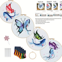 4pcs Whale & Butterfly Embroidery Kit for Beginners, Hoop, Threads, Needles