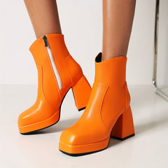 Women's Solid Block Heels Side Zipper Square Toe Ankle Boots