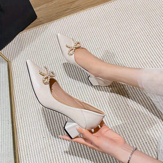 Women's Mid Heel Pearl Bow Slip-On Pumps Work Heels