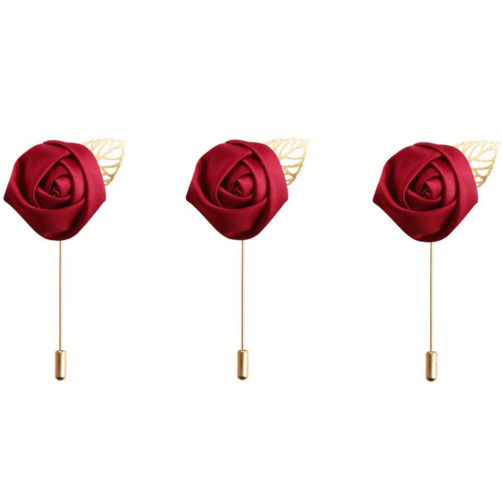 HAOSHICS 3Pcs Artificial Rose Flower Pins For Men Groom Suit Lapel