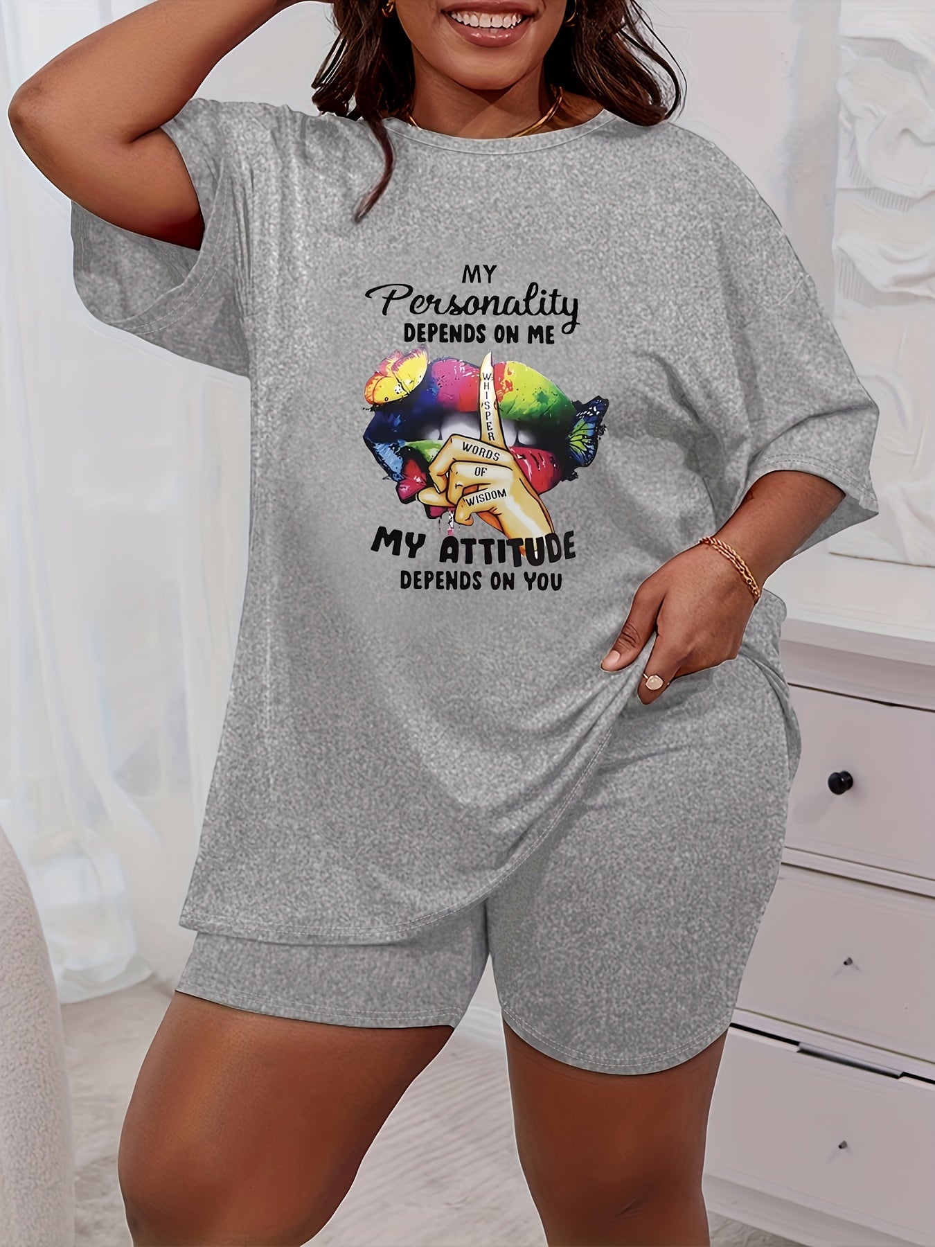  Rainbow Lip & Butterfly Graphic Tee & Shorts Pajama Set