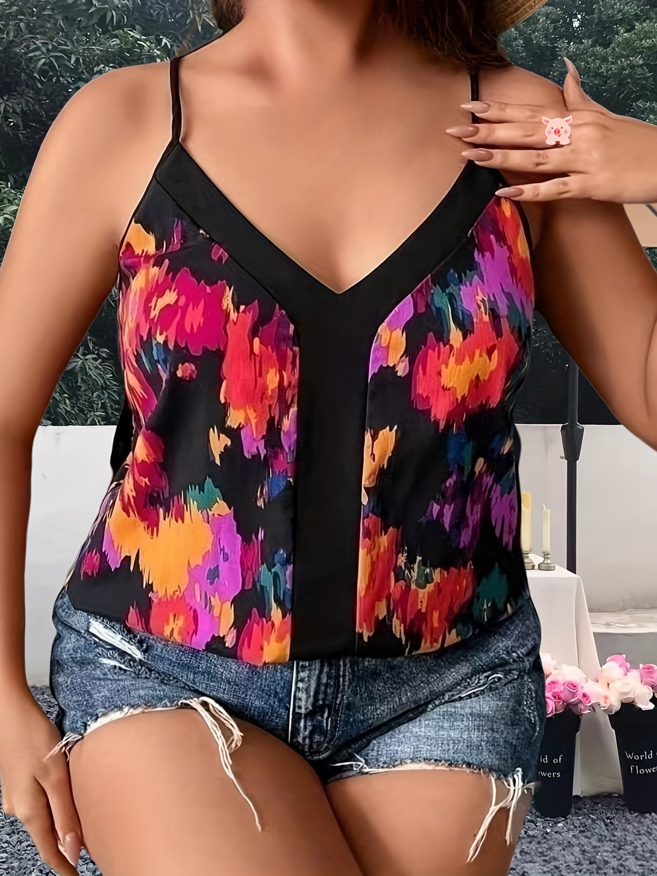  Colorblock Print V Neck Cami Top