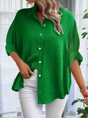  Women's Solid Textured Button Up Long Sleeve Blouse