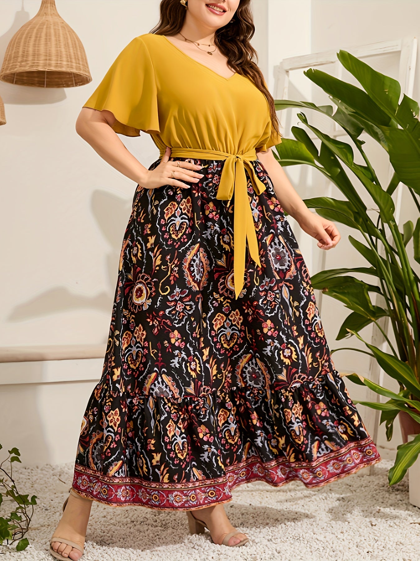  Colorblock Floral Print Knot Front Maxi Dress