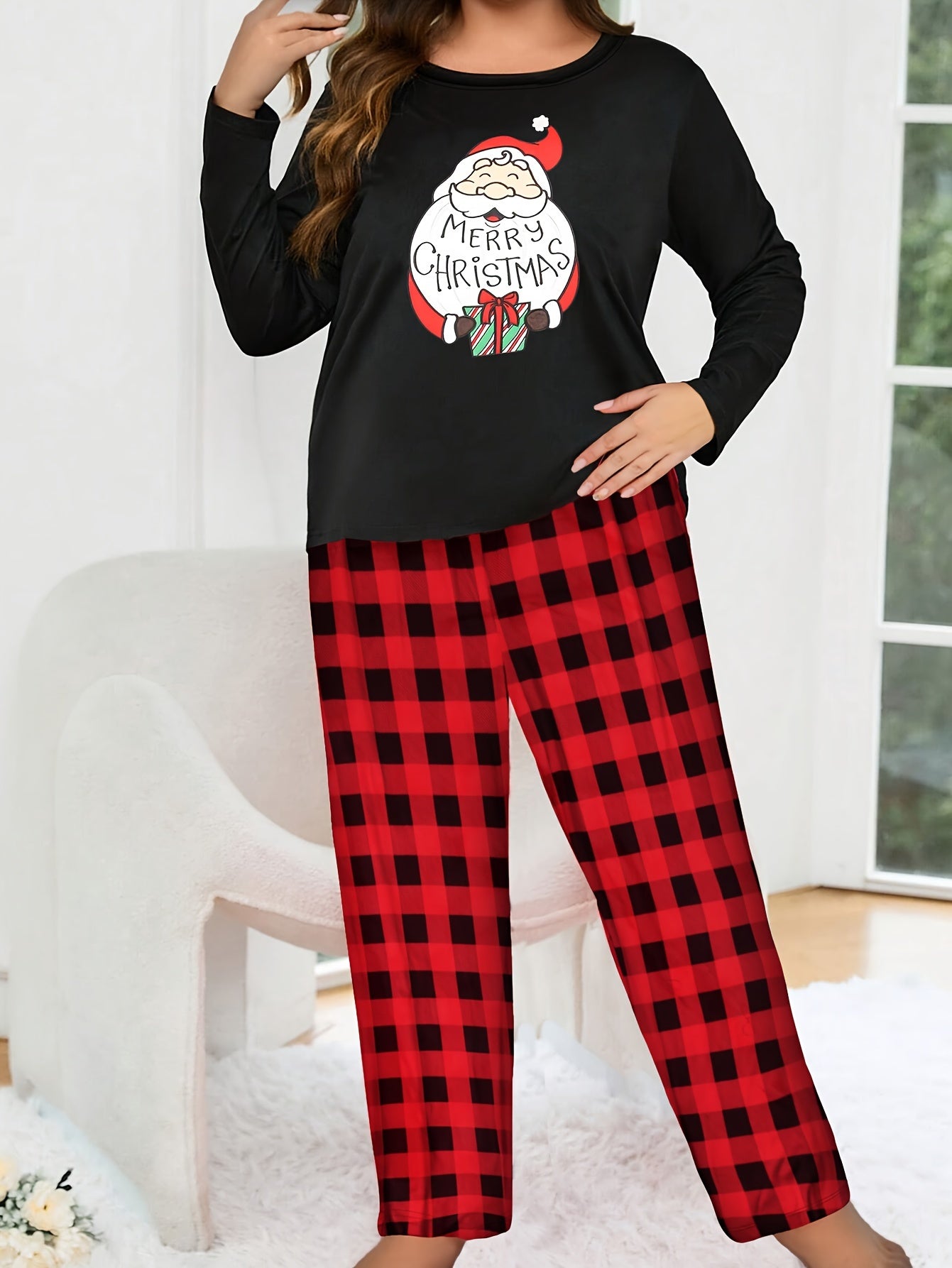  Christmas Pajamas Set Women's Santa Print Top & Plaid Pants