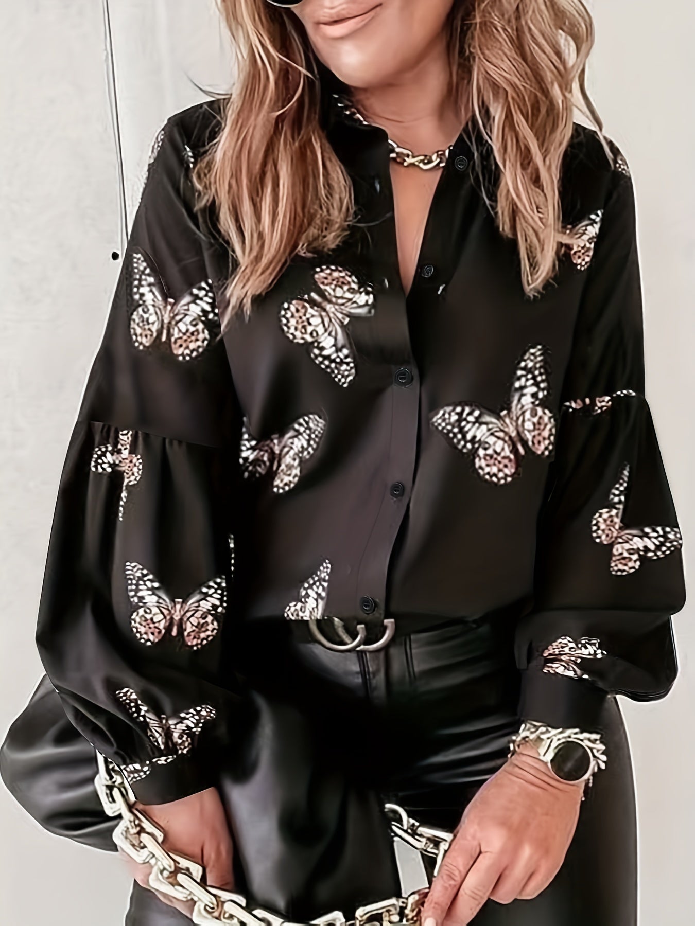  Butterfly Print Lantern Sleeve Button Up Shirt