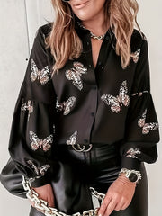  Butterfly Print Lantern Sleeve Button Up Shirt