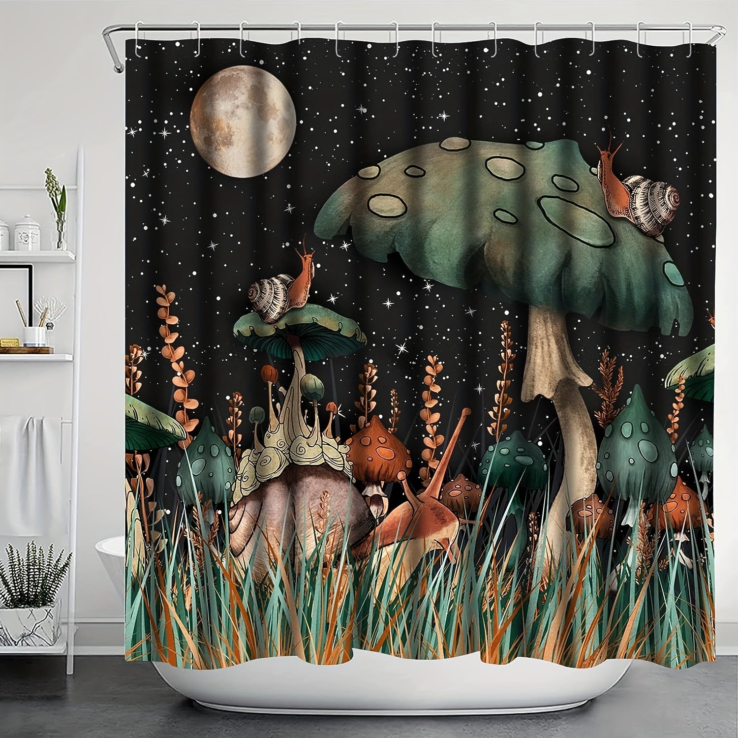 3pcs Bathroom Set with Mushroom Pattern Shower Curtain and Non Slip Bath Rug