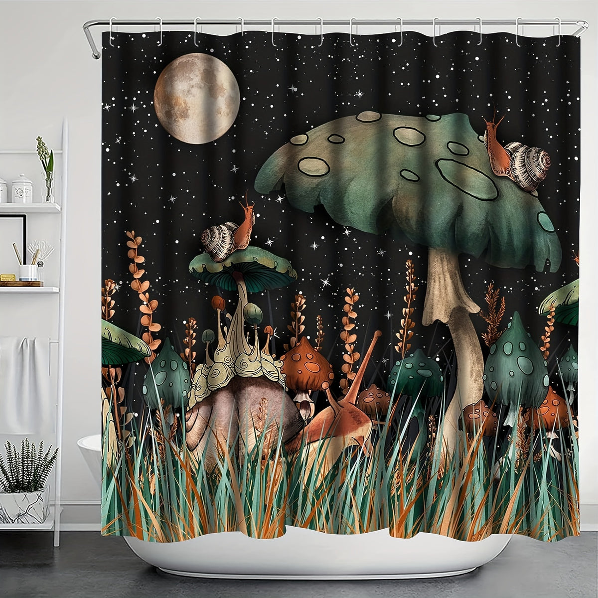 3pcs Bathroom Set with Mushroom Pattern Shower Curtain and Non Slip Bath Rug