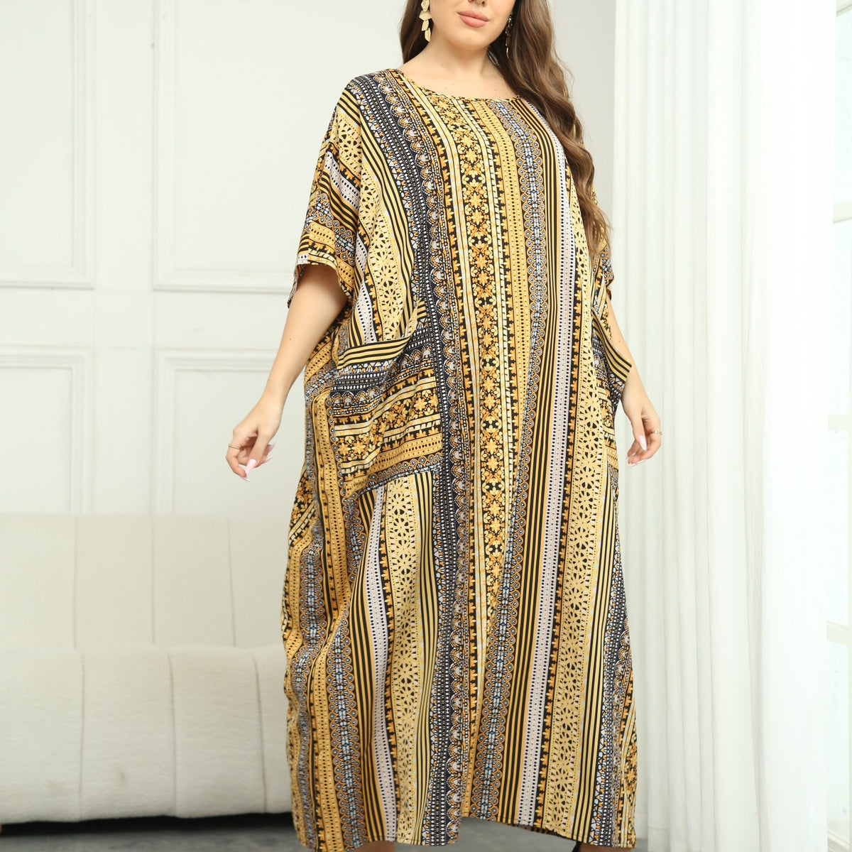  Patchwork Print Batwing Sleeve Loose Fit Maxi Jalabiya Dress