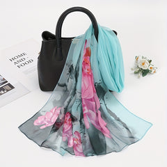 Lotus Print Georgette Scarf Vintage Classic Shawl Windproof Head Wrap