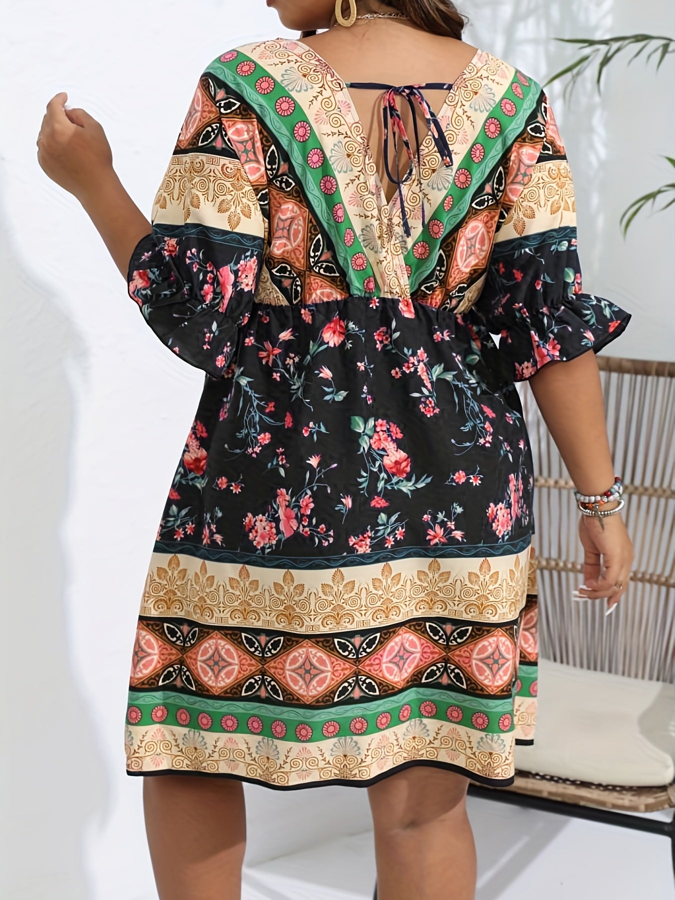  Boho Dress Women's Plus Floral Print V Neck Dress