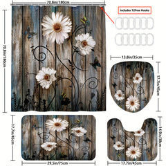 Non Slip Wooden Shower Curtain Set with 12 Hooks and Bathroom Decor