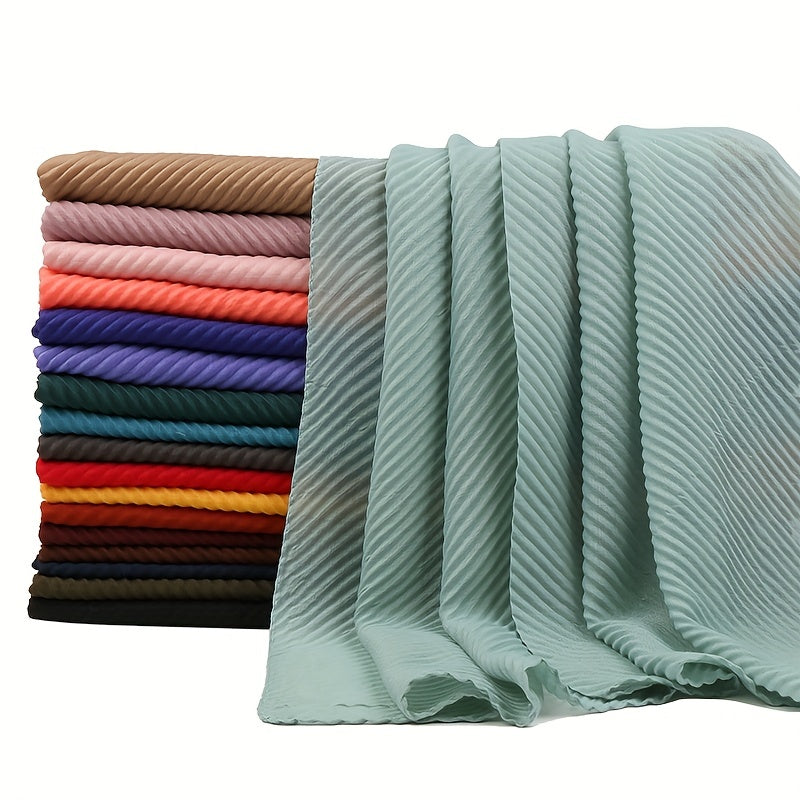 Solid Pleated Scarf Hijab Casual Shawl Soft Sunscreen Windproof Head Wrap Turban