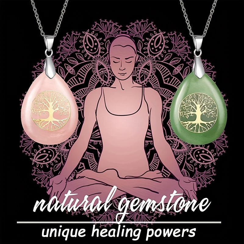 Life Tree Teardrop Crystal Pendant Necklace Chakra Charms for Women
