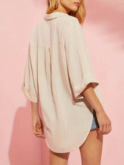  Solid Button Up Half Sleeve Blouse