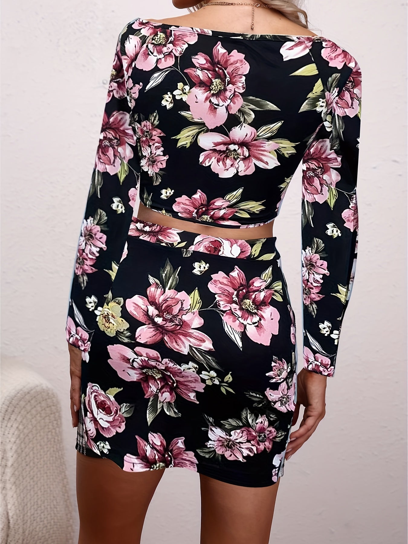 Plaid Off Shoulder Crop Top & Bodycon Skirt Set