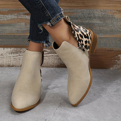 Leopard Pattern Chunky Boots Pointed Toe Side Zipper Short Boots