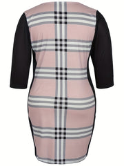  Colorblock Plaid Print Bodycon Midi Dress