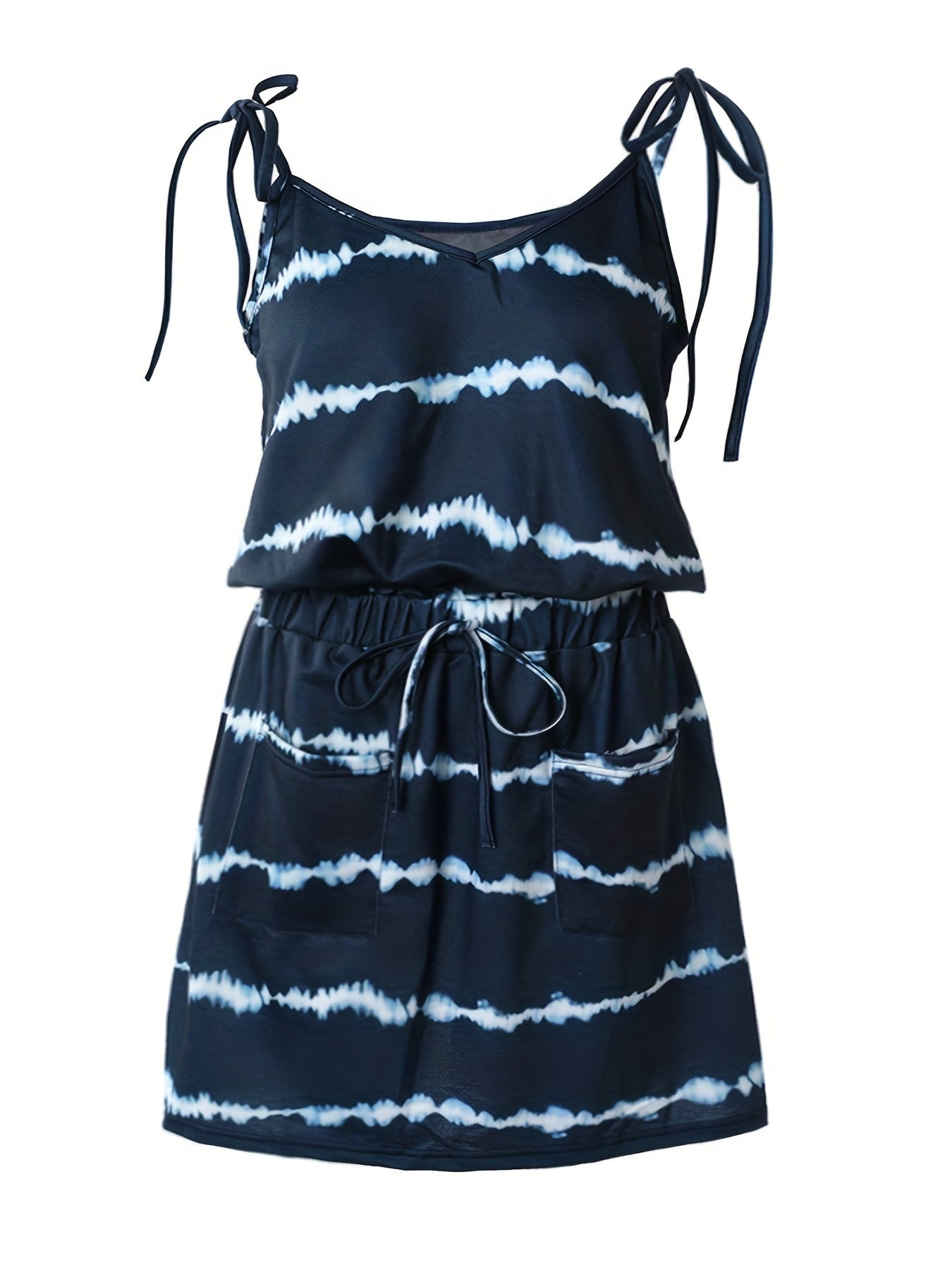  Colorblock Stripe Print Tie Shoulder V Neck Mini Dress