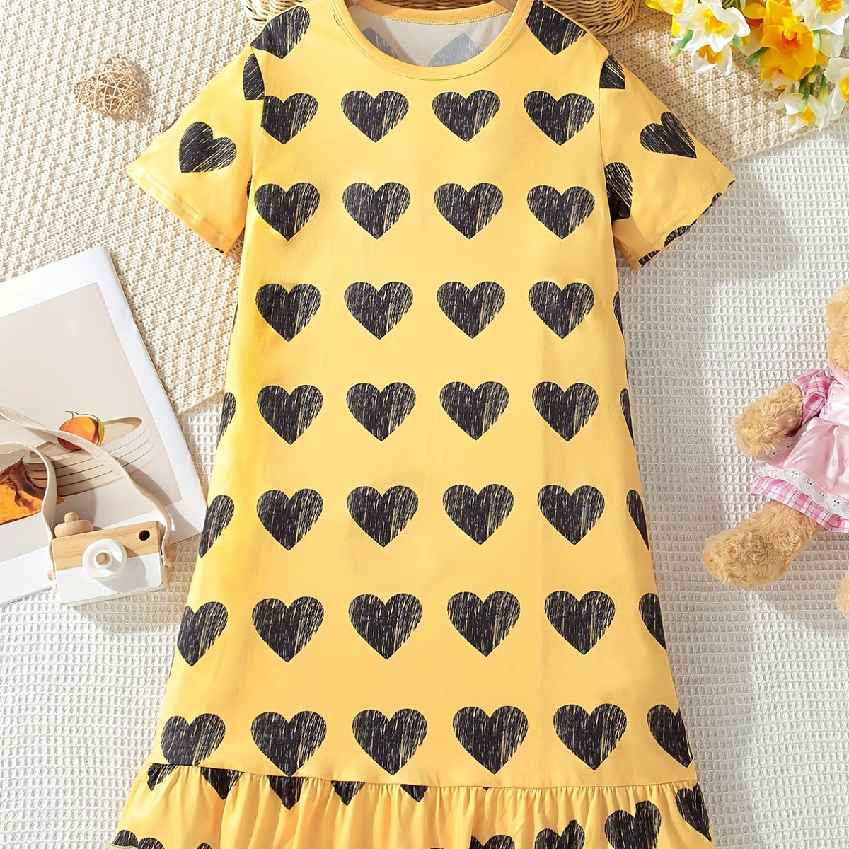 Girls Heart Print PJ Nightdress Short Sleeve Yellow Dress